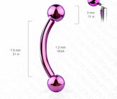16G Internally Threaded Implant Grade Titanium Purple Curved Barbell. Eyebrow Piercing. VCH Piercing. Daith & more